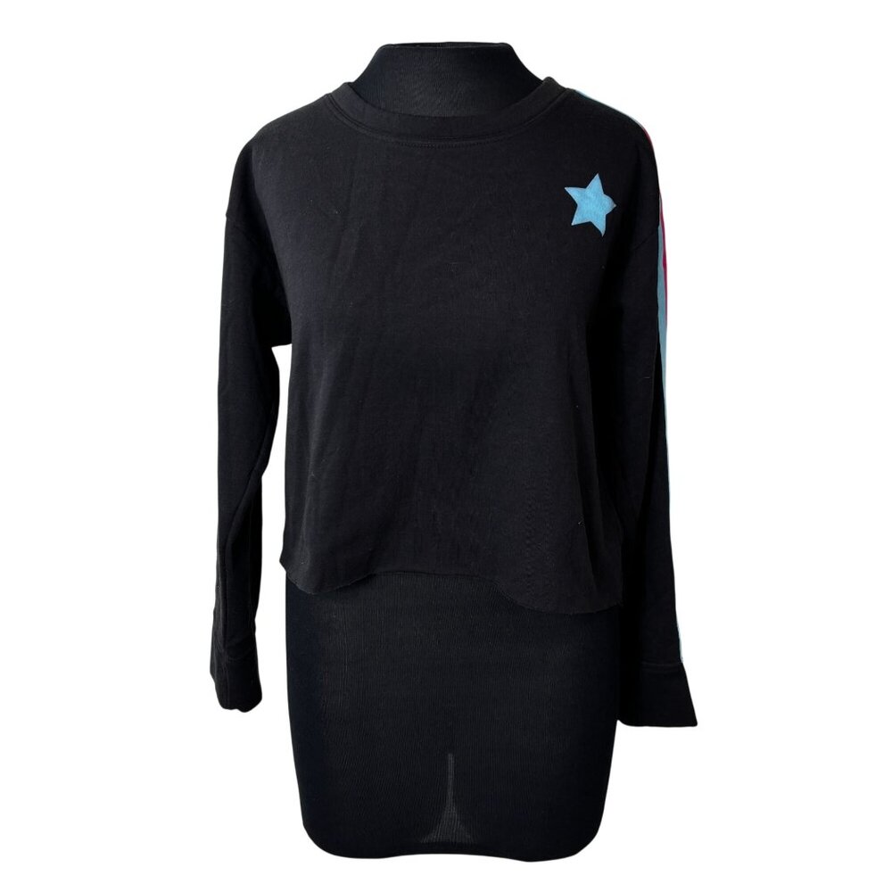 Black Knit Riot Cropped Sweatshirt With Blue Star & Rainbow Sleeve Stripes Women